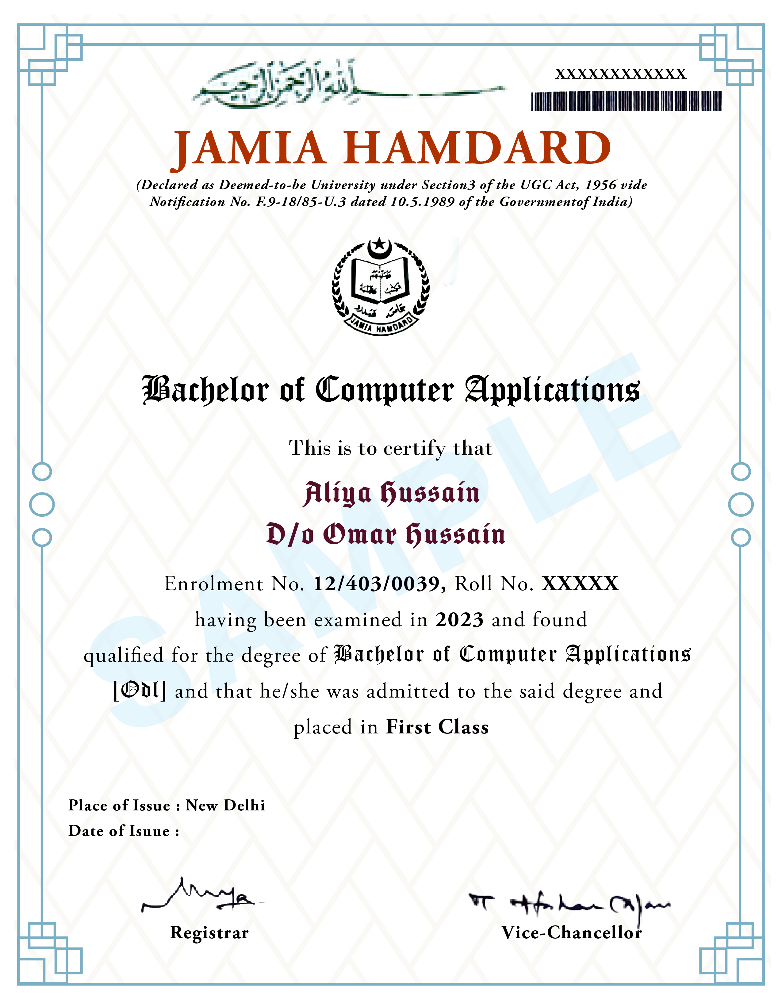Bachelor of Computer Applications certificate from Jamia Hamdard University Online