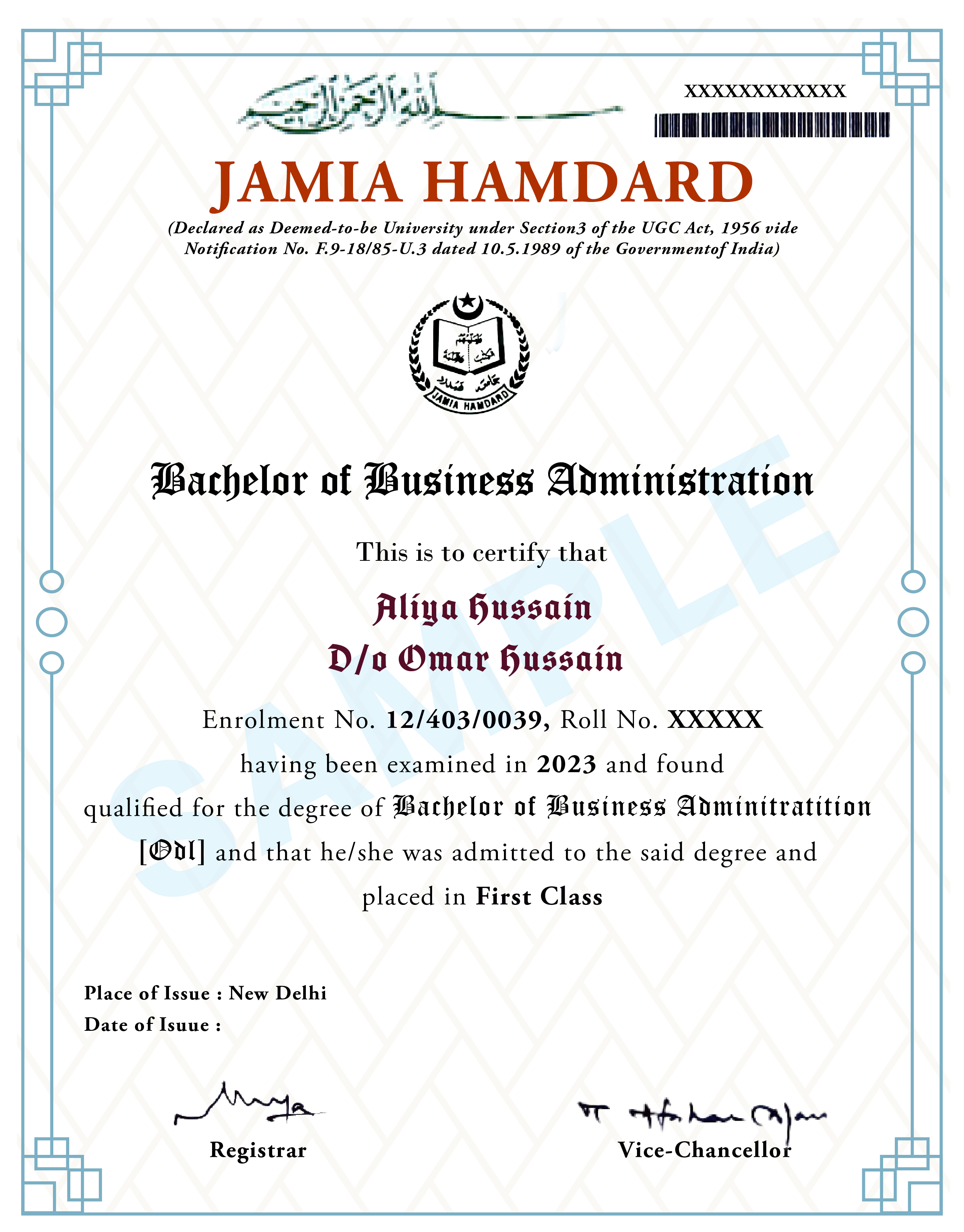 BBA Course Completion Certificate - Jamia Hamdard Online