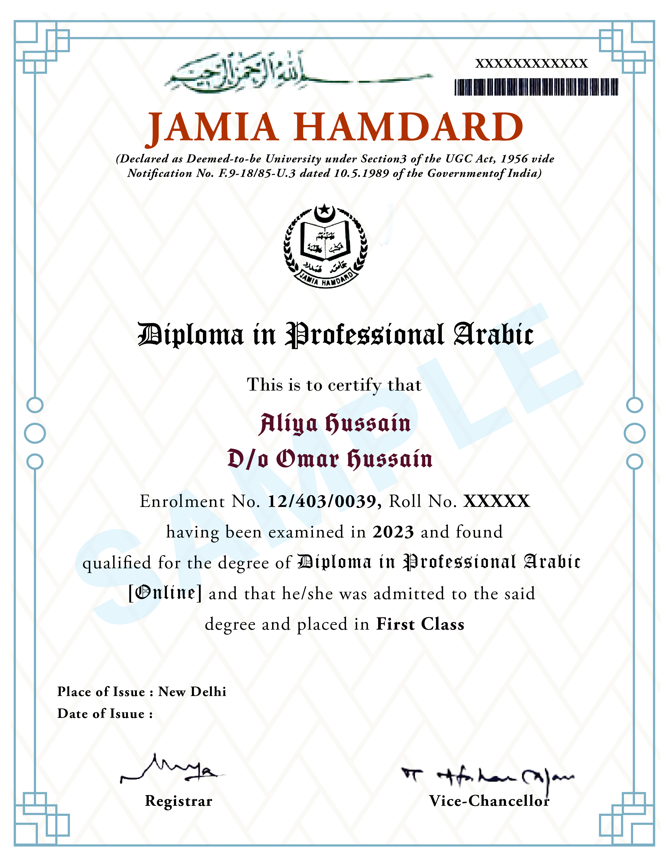 Diploma in Professional Arabic certificate from Jamia Hamdard Online